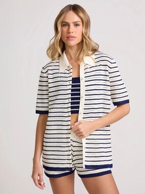 Navy Blue and Cream Striped Knit two piece